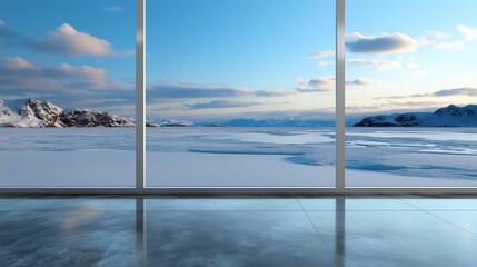 Breathtaking winter view through floor-to-ceiling windows overlooking icy landscape at sunrise