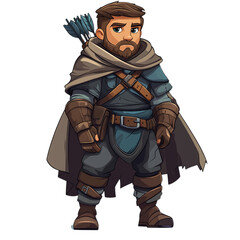 Illustration of a bearded man with arrows wearing cloak and leather armor suit