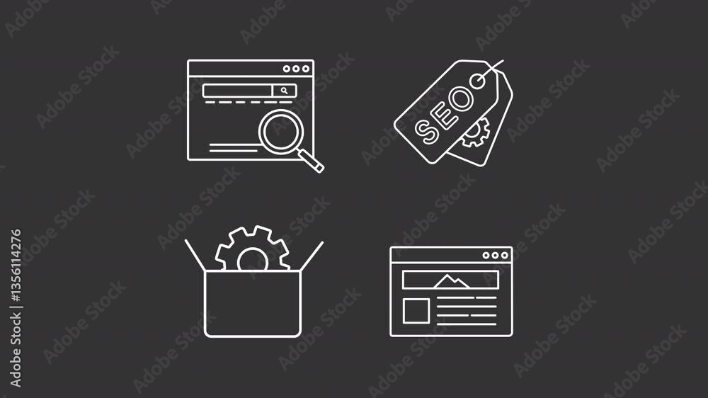 Poster seo tools animation library. search engine optimization for web sites animated white line icons. e m