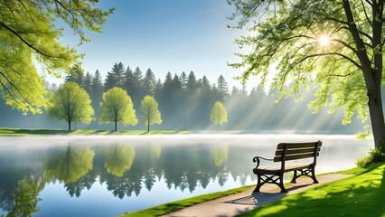 Fototapeta premium Tranquil morning scene a lake a wooden bench, sun rays shining through trees.