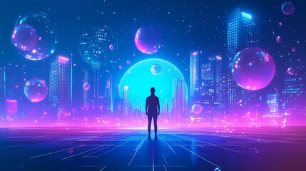 Silhouette facing glowing spheres in vibrant futuristic cityscape with neon lights