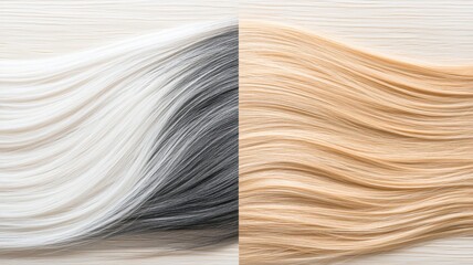 A stunning display of hair strands showcasing contrasting colors of blonde and black on a smooth background.