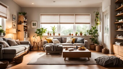 Fototapeta premium Bright, airy living room grey sofa, wooden coffee table, abundant houseplants. Natural light streams through large windows.