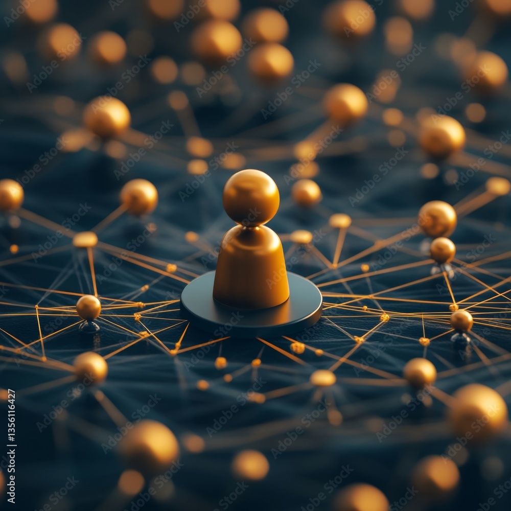 Poster golden game piece in web of connections and digital patterns