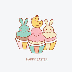 Cute and colorful outline clipart featuring nursery themed cupcakes with bunnies and chick celebrating Easter joyfully