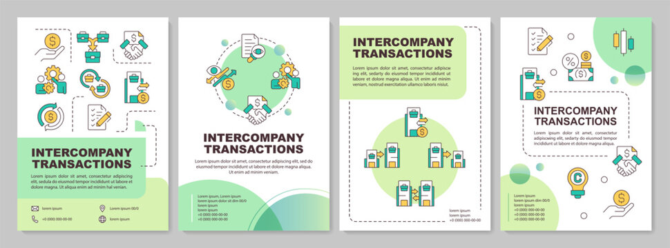 Intercompany transactions green circle brochure template. B2B financial relationship. Leaflet design with linear icons. Editable 4 vector layouts. Arial-Bold, Myriad Pro-Regular fonts used