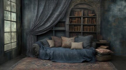 Dark, cozy, antique library room