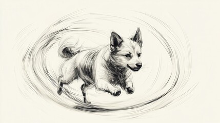 Playful Dog Running in a Whirlwind of Motion Captured in Artistic Black and White Illustration Style