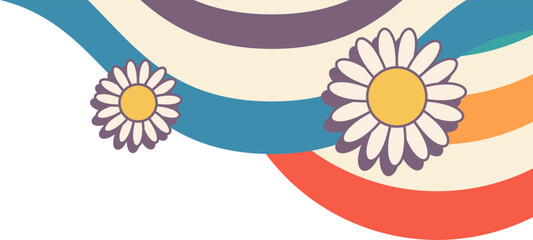 Retro Groovy Rainbow With Flower Corner