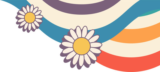 Retro Groovy Rainbow With Flower Corner