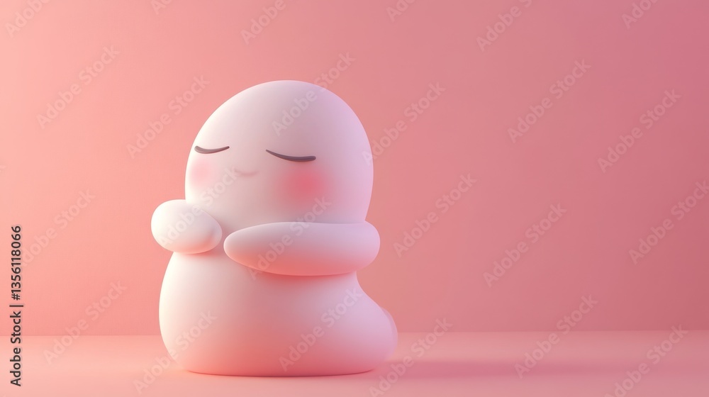 Poster cute and whimsical character with soft pink background and smiling face