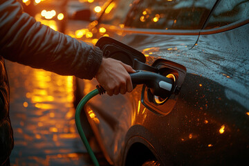 Hands Plugging Electric Vehicle Charger Into Car During Rainy Night With Glowing Urban Lights