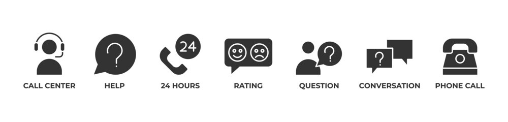 24-Hour Call Center Icons set vector illustration with Call center, Help, 24 hours, Rating, Question, Conversation, Phone call