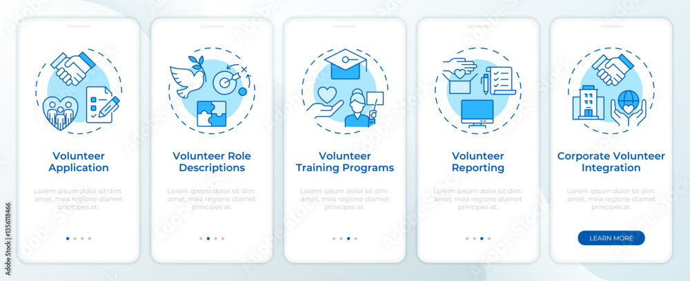Poster volunteer program control blue onboarding mobile app screen. walkthrough 5 steps editable graphic in