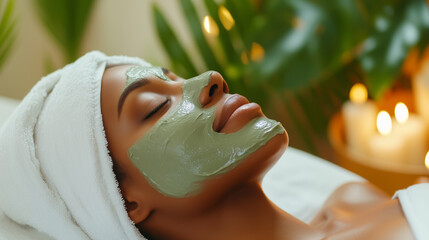 Peaceful woman with green facial mask lying in spa