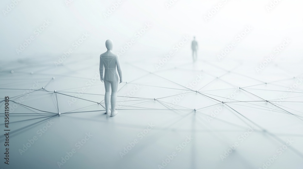 Poster two abstract figures walking on a digital connected network surface