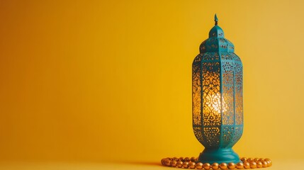 Ornate teal lantern sits amidst strand of gold beads