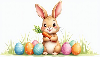 Cute Cartoon Easter Bunny Holding Carrot with Colorful Eggs and Green Grass Illustration