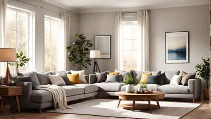 Fototapeta premium Bright, airy living room features a large grey sectional sofa, wooden coffee table, natural light streaming through large windows.