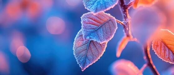 Frost covered leaves on branch