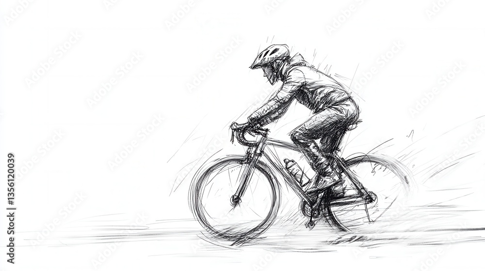 Poster dynamic sketch of a cyclist in motion, showcasing speed and determination while riding a bicycle on 