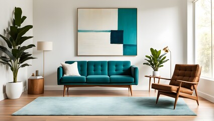 Obraz premium Modern living room interior featuring teal sofa, armchair, abstract painting, plants.