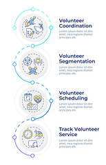Volunteer management infographic vertical sequence. Nonprofit social activity regulation. Visualization infochart with 4 steps. Circles workflow. Montserrat SemiBold, Lato Regular fonts used