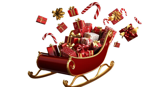 Christmas Sleigh Overflowing with Gifts, Candy Canes, and Golden Decorations &ndash; Festive Holiday Celebration