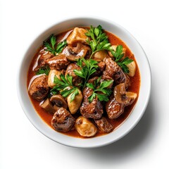 A delicious bowl of beef stew with mushrooms and fresh parsley garnish.