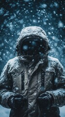 Fototapeta premium Person in winter coat stands amidst heavy snowfall in a serene winter landscape, showcasing the beauty of cold weather and snowflakes falling gently