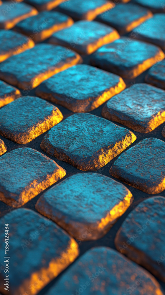 Poster a close up of a brick wall with a blue and orange color scheme. the bricks are arranged in a pattern
