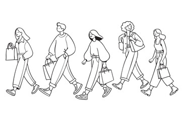 People walking and holding shopping bags with hand drawn vector illustrations. Doodle style. Isolated and easy to use for creative projects and designs.