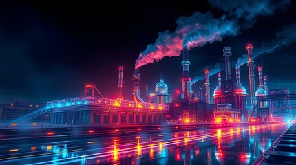 Obraz premium A Futuristic Industrial Complex Illuminated by Neon Lights and Emitting Colorful Smoke