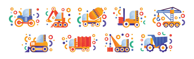 Construction Equipment and Heavy Machinery Flat Icon and Pictogram Vector Set