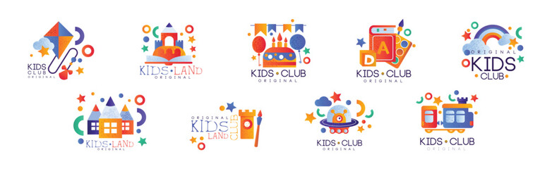 Naklejka premium Kids Land and Club Original Logo Design for Kindergarten Vector Set