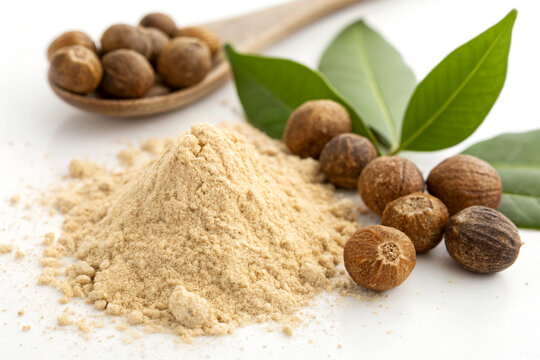 Sapindus Mukorossi Seeds with Powdered Extract on a White Background for Natural Uses