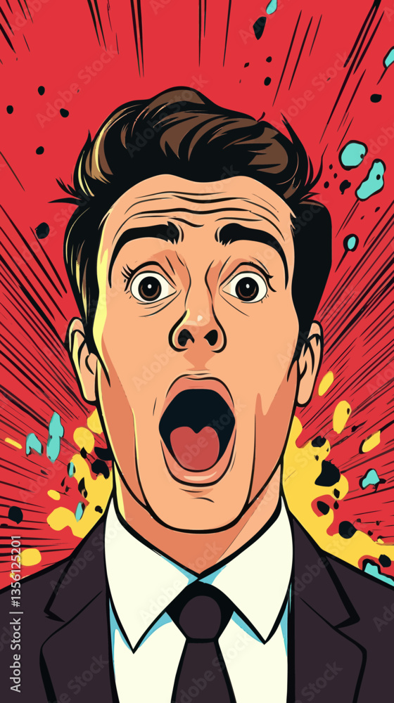 Poster surprised man in pop art style with explosive background vector illustration