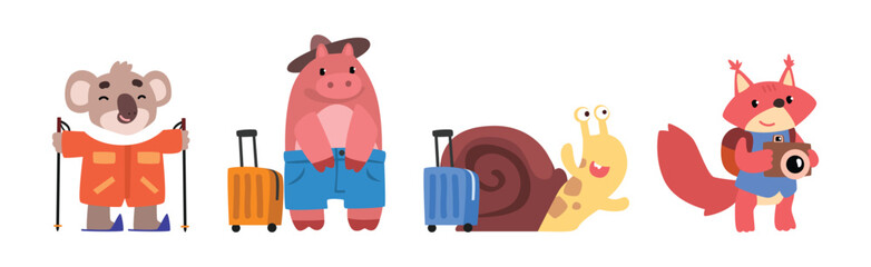 Funny Animal Tourist or Travelers with Backpack Vector Set