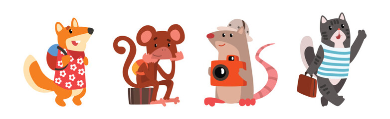 Funny Animal Tourist or Travelers with Backpack Vector Set