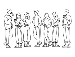 Men and women stand holding hot coffee paper cups in hand with hand drawn vector illustrations. Doodle style isolated and easy to use for creative projects and designs.