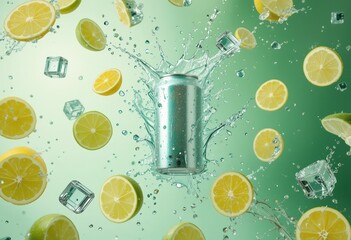 hyper-realistic beverage can mockup submerged in water with lemons, limes, and ice cubes, capturing crisp condensation and citrus freshness for refreshing drink branding or summer advertising