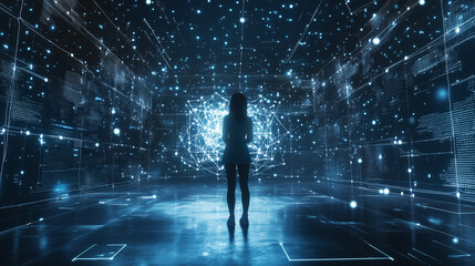 Silhouette in futuristic digital space with vibrant network and geometric patterns