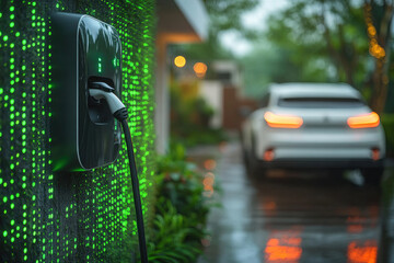Modern Electric Vehicle Charging Station with Digital Matrix Display and Parked Car in Rainy Evening