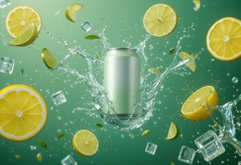 hyper-realistic beverage can mockup submerged in water with lemons, limes, and ice cubes, capturing crisp condensation and citrus freshness for refreshing drink branding or summer advertising
