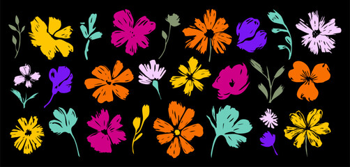Obraz premium A series of flowers and leaves are drawn in various sizes and colors in paint brush style. Flat vector hand drawn illustration, vivid bright elements isolated on black background