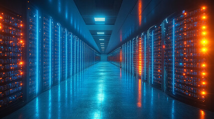 Fototapeta premium Modern server room with illuminated blue lights and advanced network infrastructure.