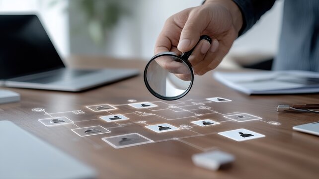 Analyzing data with a magnifying glass, showcasing insights and research in a modern office environment.