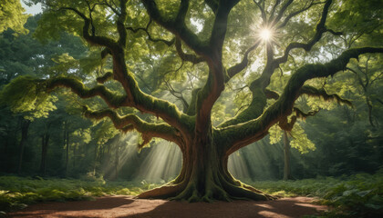 Fototapeta premium Majestic ancient tree with sprawling moss covered branches, illuminated by sunbeams in serene forest setting.