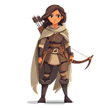 Fototapeta Cartoon female archer with bow and arrows wearing cloak in a full body shot