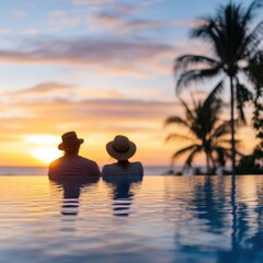 Couple in pool at sunset